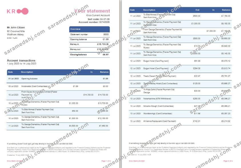 United Kingdom Kroo bank statement Word and PDF template, 4 pages